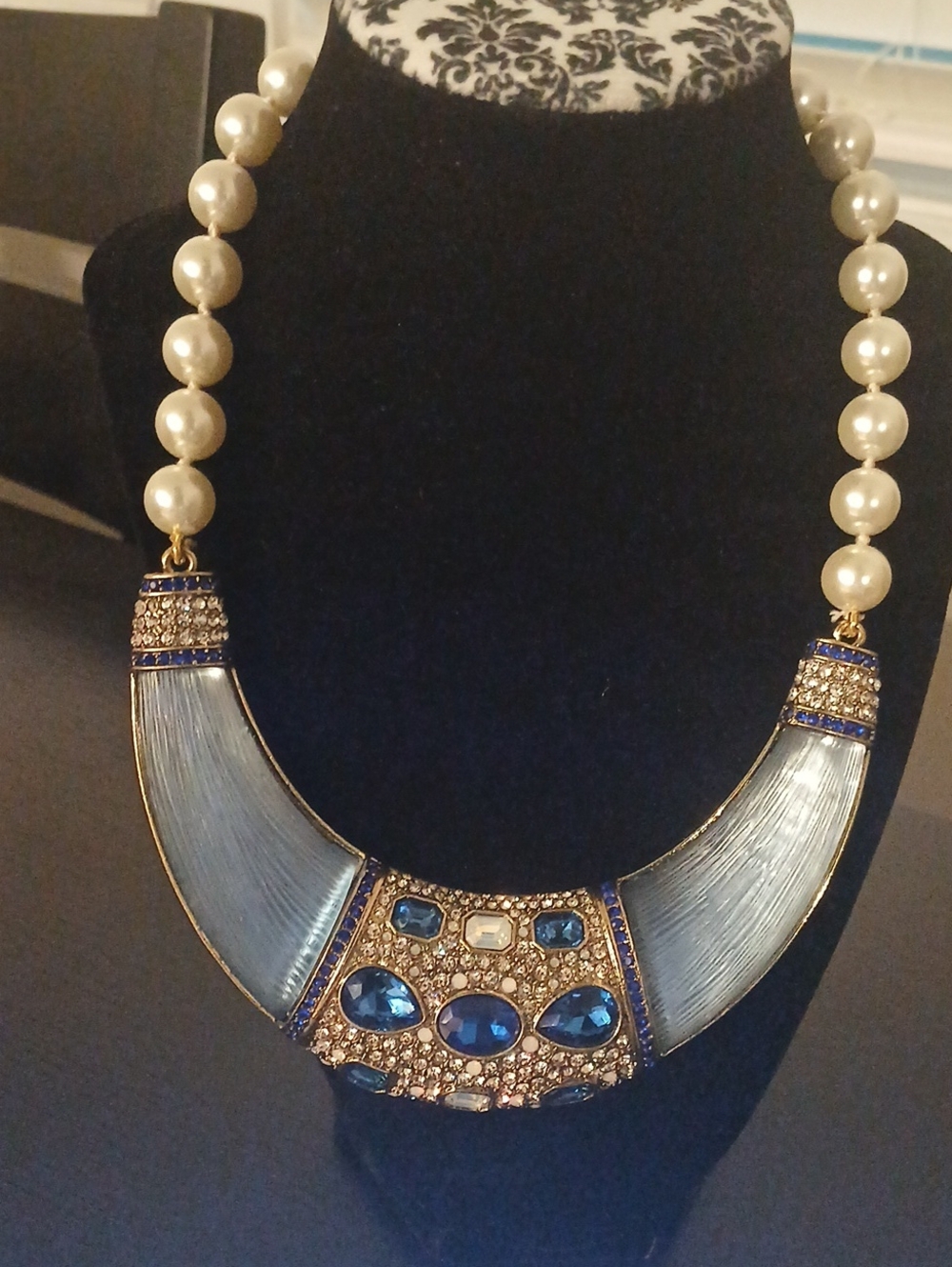 Heidi Daus Pearl and Blue Crystal Statement Necklace with Gold Accents
